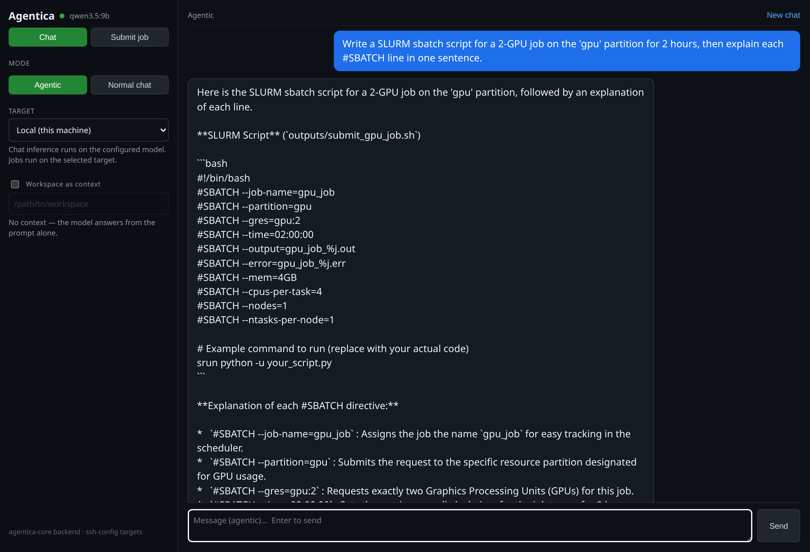 Agentica agentic chat answering a SLURM sbatch question with a full script