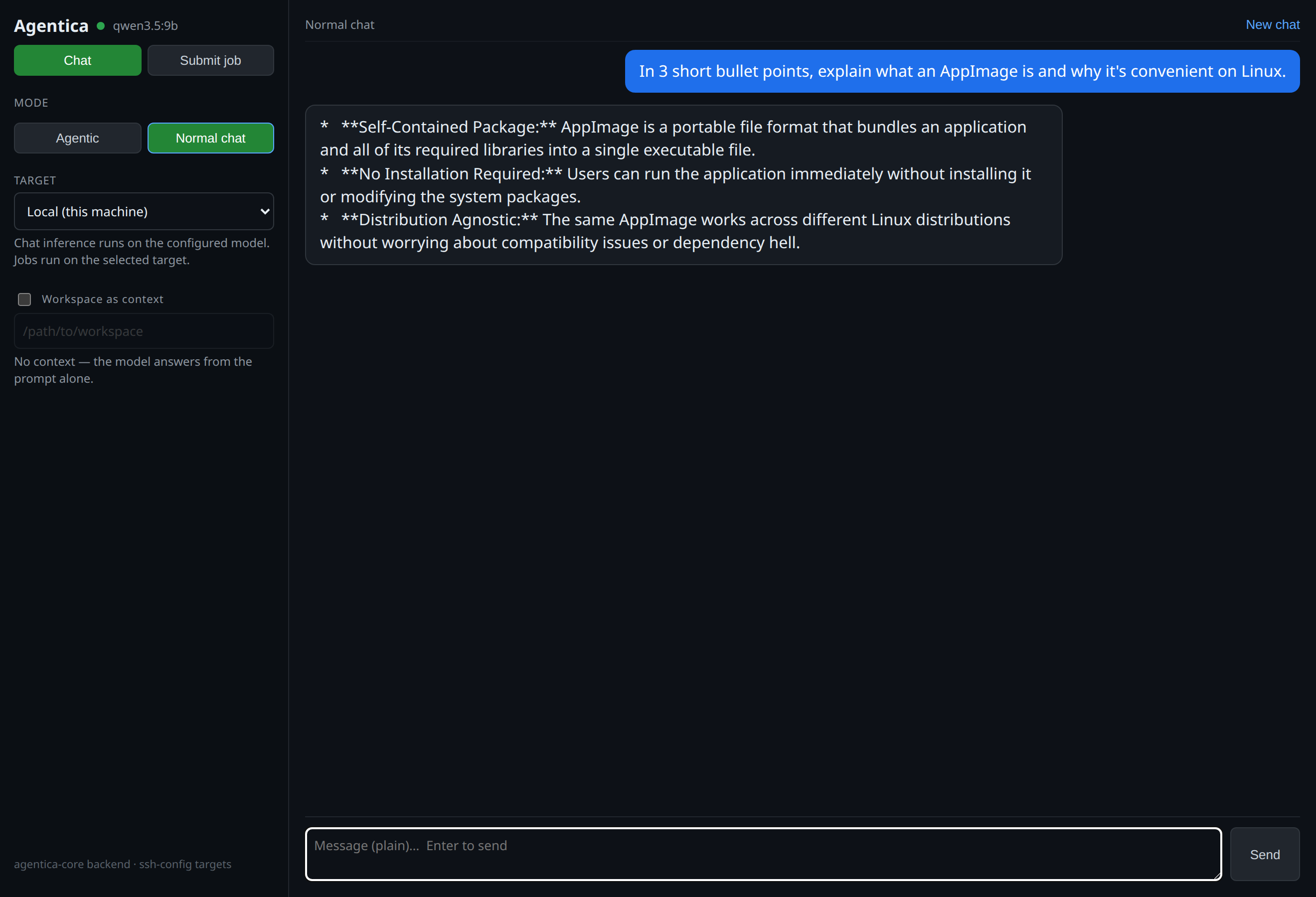 Agentica normal chat, streamed token by token