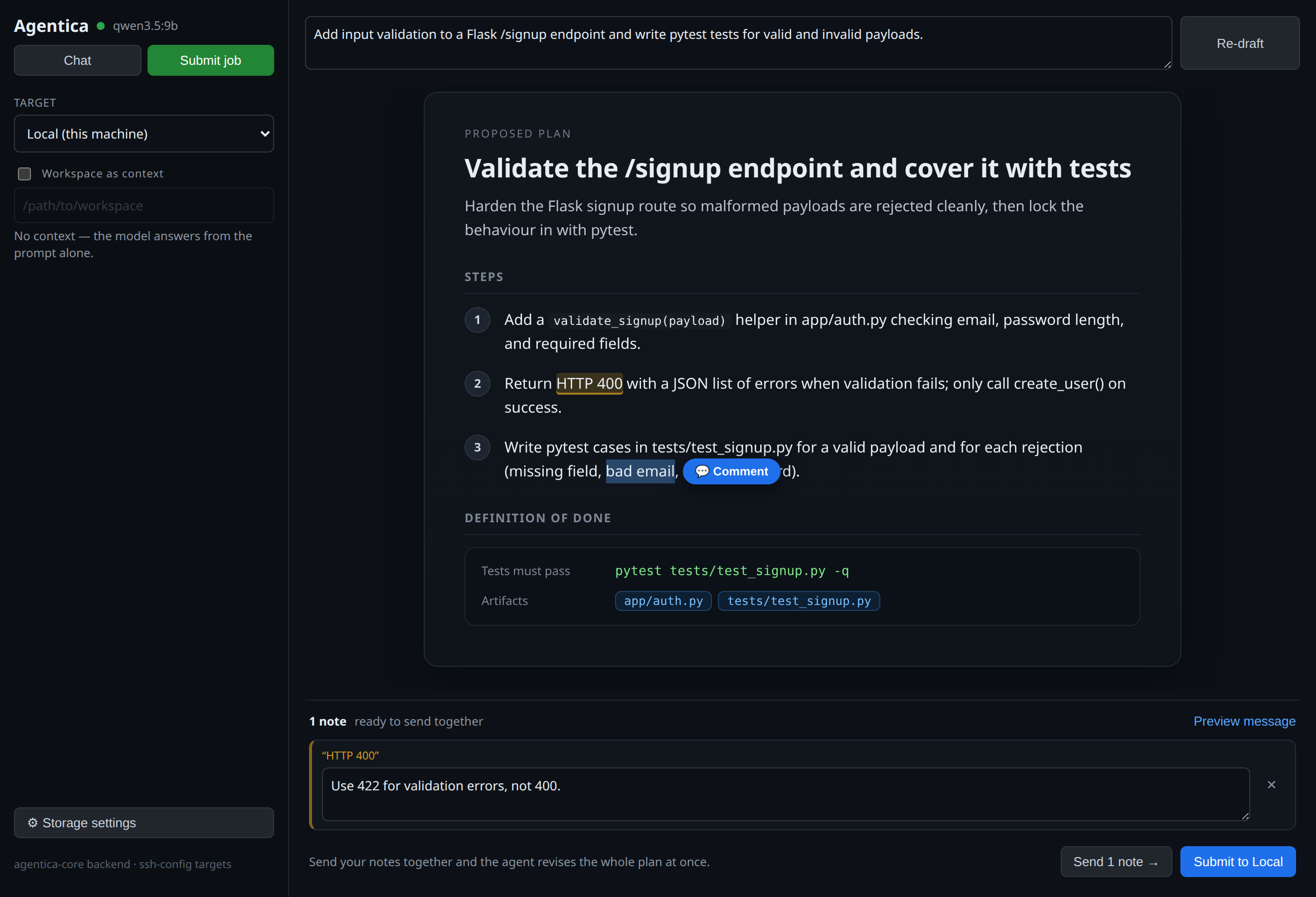 Agentica plan view: a clean one-page plan with a highlighted phrase, a floating Comment bubble, and notes queued to send